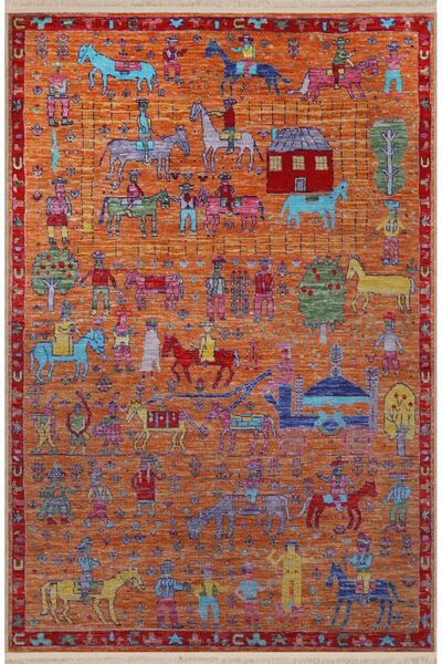 Rugs Modern Halı Turuncu Temalı Motifli Kervan At Desenli Kreatif Vintage Dek...