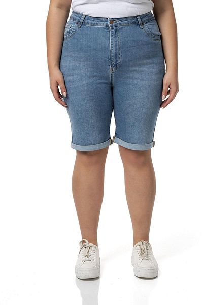 DISENTIS MODEST Light Blue Denim Shorts - Plus Size, Folded Leg and Five Pockets