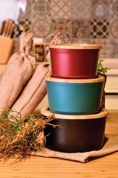 Bambum Red Slalom Granite Storage Box with Bamboo Lid 14cm