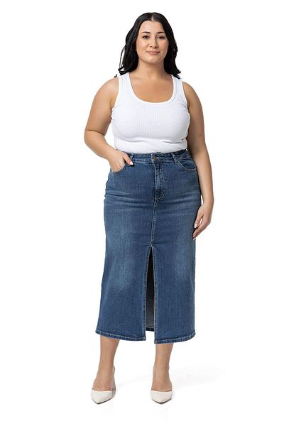 DISENTIS MODEST Large Size Five-Pocket Midi Denim Skirt - Front Slit Detail