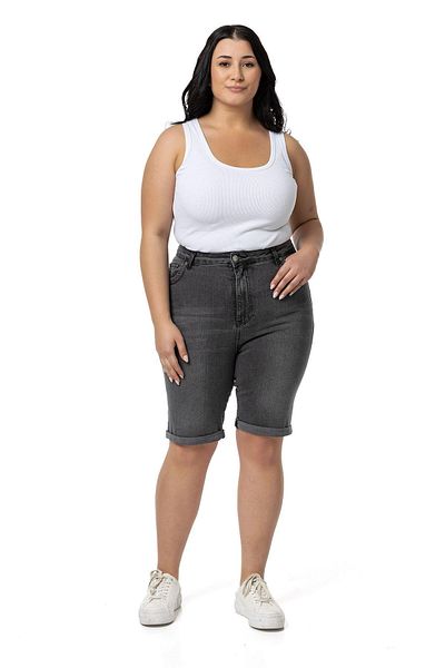DISENTIS MODEST Plus Size - Folded Leg Five-Pocket Denim Anthracite Shorts