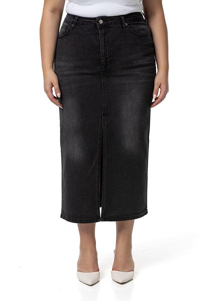 DISENTIS MODEST Plus Size Black Midi Denim Skirt - Front Slit and 5 Pockets