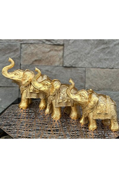 Peramari Dekoratif Polyester Üçlü Fil Biblo Gold