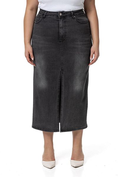 DISENTIS MODEST Anthracite Midi τζιν φούστα - Plus Size, μπροστινό σκίσιμο και πέντε τσέπες
