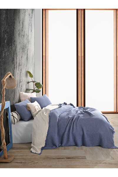 destinyhometex İndigo Battal Boy 240x260cm Yatak Örtüsü/2 Adet 50x70cm Yastık 4 Katlı Multi Muslin %100 Pamuk
