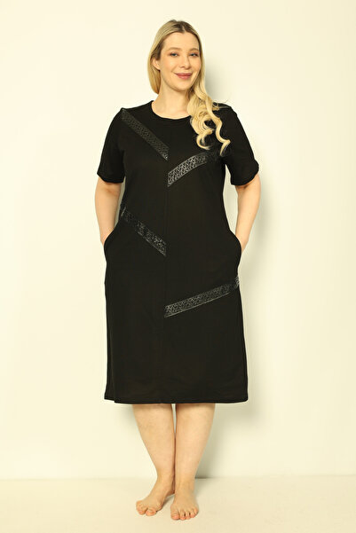 İntensive Plus Size Women's Dress - Short Sleeve, Leather Detail, Pocket