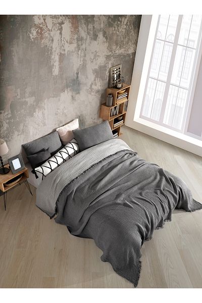 destinyhometex Anthracite 4 Layer Multi Muslin 100% Cotton King Size Bedspread 240X260 cm King Size