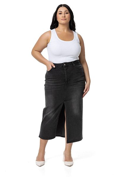 DISENTIS MODEST Plus Size Black Midi Denim Skirt - Front Slit and 5 Pockets