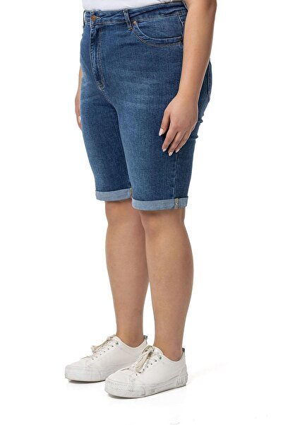 DISENTIS MODEST Büyük Beden Paçası Katlamalı Beş Cepli Denim Mavi Şort