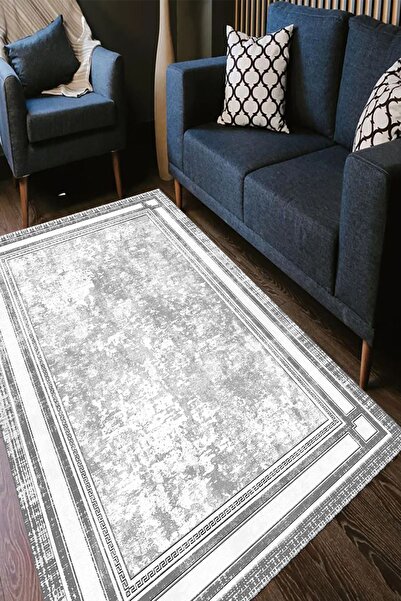 eco concept Gri Renk Halı, Çerçeveli Halı, Dekoratif Salon Halısı, Kaymaz Yık...