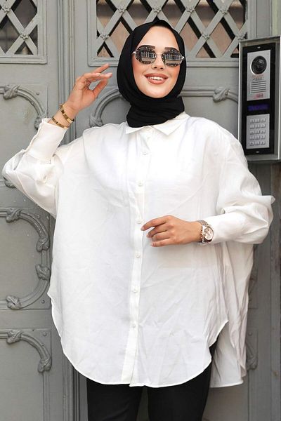 Neva Style - قميص حجاب طويل من الخلف إكرو 10236e