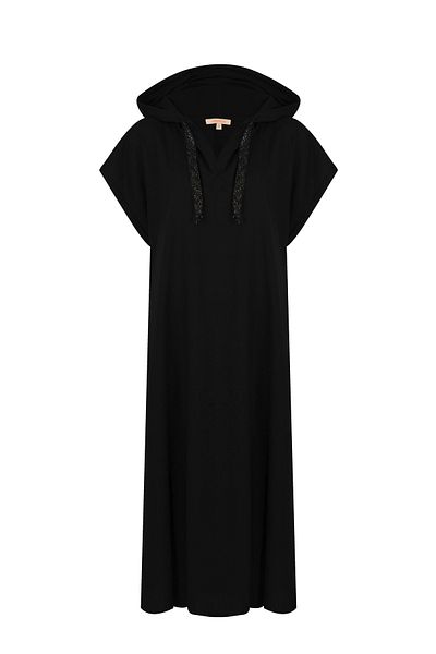 KAUNISS Black Viscose Linen Hooded Dress