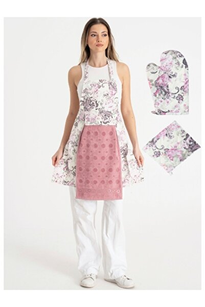 Enoteks Havlulu Mutfak Önlüğü Fırın Eldiveni Ve Tutacak Gülkurusu