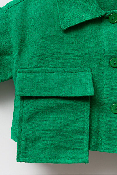 Magu Green Linen Crop Shirt - Girl, with Pockets