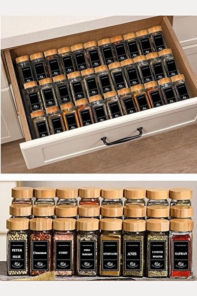 NEWNOW 12 Li Baharat Kavanozu, Köşeli Serpme Başlıklı Baharatlık, Bambu Kapaklı Etiketli 120 ml