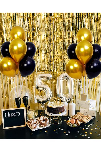 Parti dolabı 2 Pieces of 7 Balloon Stands and 14 Pieces of Gold-Black Metallic Balloons Set