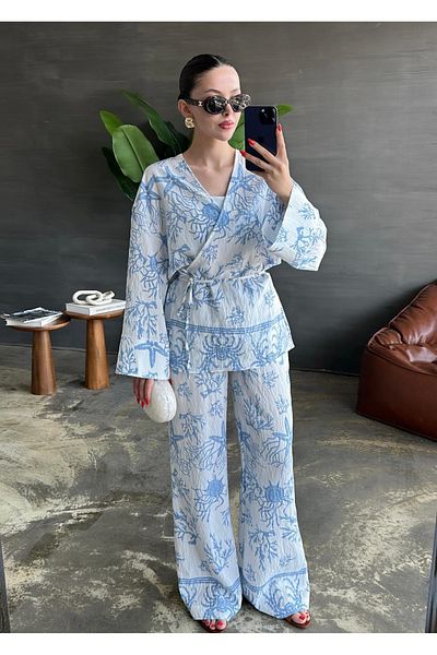 My Blog Set kimono și pantaloni - cu model albastru, legat