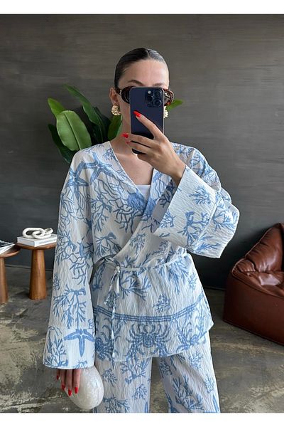 My Blog Set kimono și pantaloni - cu model albastru, legat
