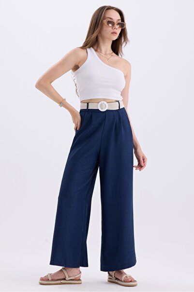 MD trend Linen Blended Loose Summer Trousers - Women's, Belt and Elastic Waist