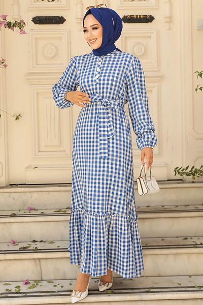 Neva Style - Καρό Indigo Blue Hijab Φόρεμα 33940ım