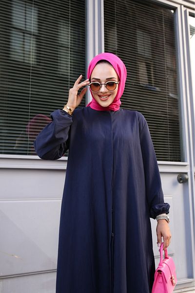 Tesettür Diyarı Lizza Nursery Fabric - Navy Blue Long Tunic Παντελόνι Σετ με σχισμή στο πλάι