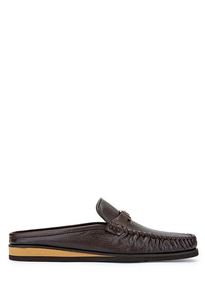 Tamer Tanca Genuine Leather Men's Slippers - Brown, Flat Cut