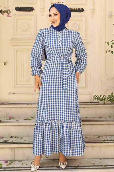 Neva Style - Καρό Indigo Blue Hijab Φόρεμα 33940ım