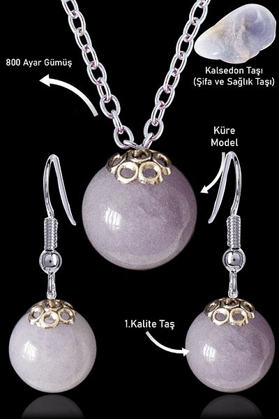 Tesbih Atölyesi Globe Model Chalcedony Stone Necklace and Earring Set - Certified with Silver Apparatus