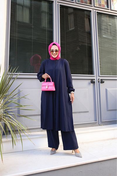 Tesettür Diyarı Lizza Nursery Fabric - Navy Blue Long Tunic Παντελόνι Σετ με σχισμή στο πλάι