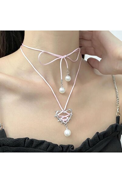 sleyshop Uzun pembe ipli büyük kalp choker kolye