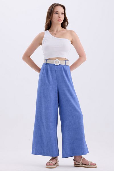MD trend Pantaloni largi de vară în amestec de in - femei, curea și talie elastică