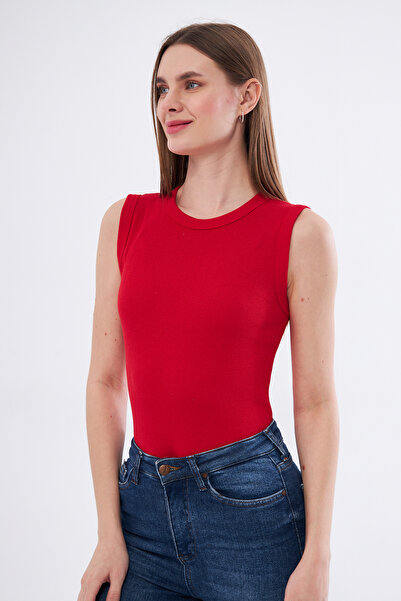 LES OUT Women's Red Corded Crew Neck Wide Shoulder Zero Sleeve Tank Top