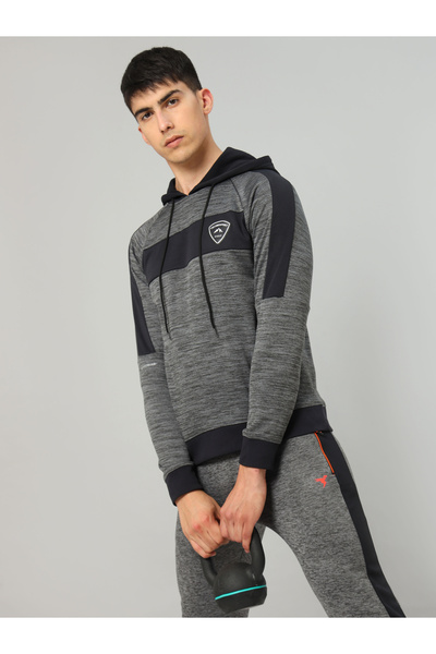 Technosport By Styli Contrast Panel Melange Fleece Hoodie