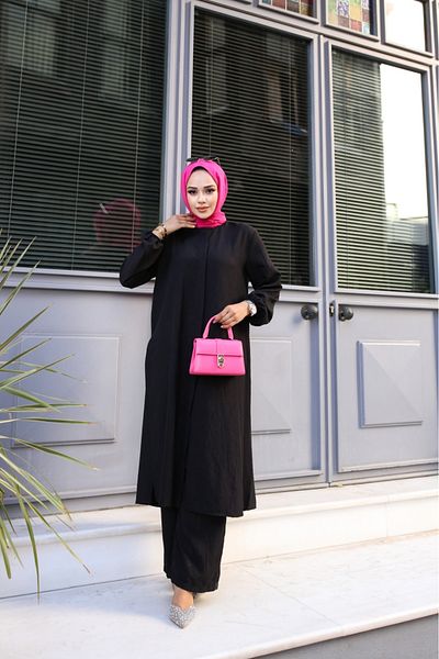 Tesettür Diyarı Σετ παντελονιού Lizza Black Long Tunic Side Slit - Nursery Fabric