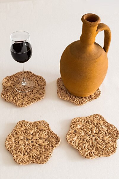 DECORDEM Lize 4'lü Rafya Bardak Altlığı 12 cm