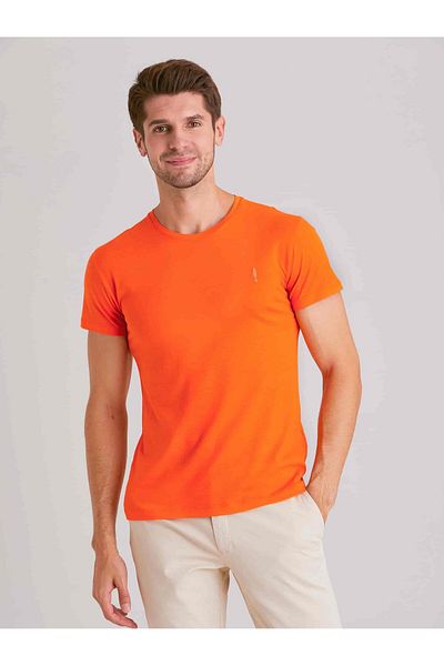 Dufy Orange Men's Slim Fit Plain O Neck T-shirt - 49261