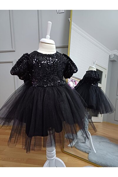 Butik Girl's Sequined Gathered Bow Backless Cotton Lined Tulle Black Dress