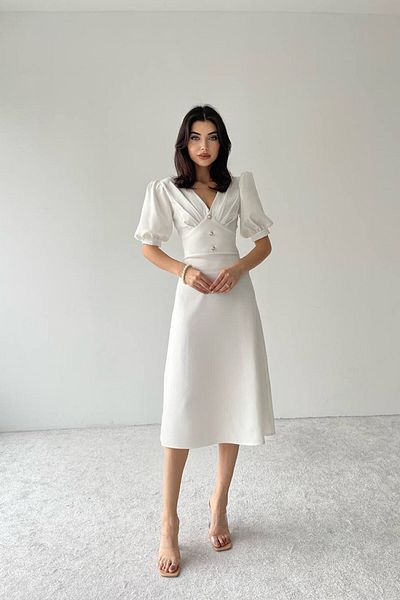 Julishop Rochie premium Julidress, albă, cu decolteu în V, cu nasturi perlat, lungime midi