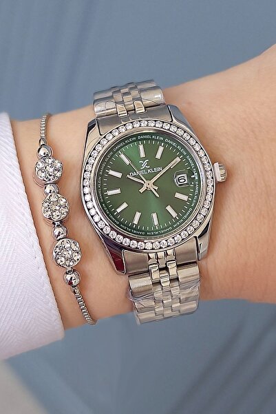 Daniel Klein Green Dial Calendar, Jewelled, Metallic Steel Bracelet Women's W...