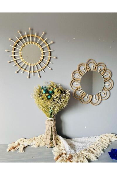 kattuna Bohem Hasır Papatya Ve Bambu Ayna Duvar Dekorasyon Ürünü 2’li Set