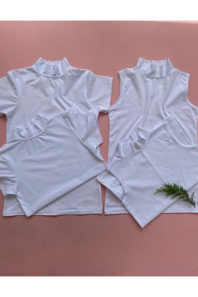 LEYNA BUTİK Women's 4-Pack Cotton White (2 Short Sleeves - 2 New Sleeves) Turtleneck Bodysuit