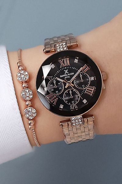 Daniel Klein New Model Cut Glass Steel Bracelet Rose/Black Women's Wristwatch - Zircon Stone Bracelet Gift