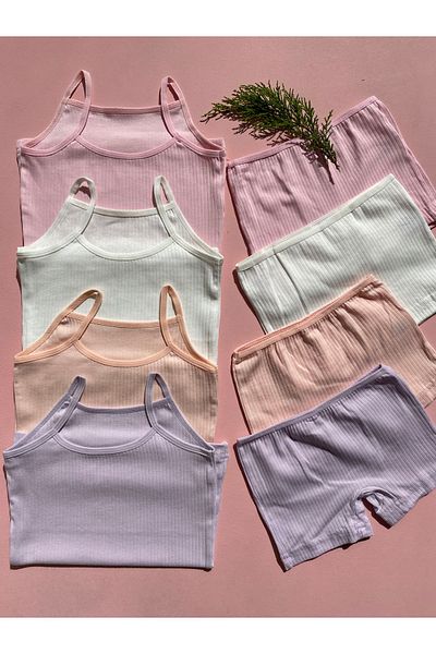 LEYNA BUTİK Girl's Corded Cotton Undershirt and Shorts Set - 4 Pieces, Rope Strap