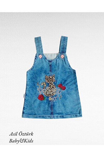 Kız Bebek Çocuk Leopar Desen Kedi Ve Gül Detaylı Kot Jile Jean Salopet Denim Elbise