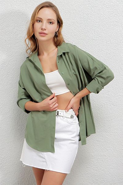 hazelin Γυναικείο Χακί Oversize Μακρύ Βασικό Πουκάμισο Hzl22w-bd 139001