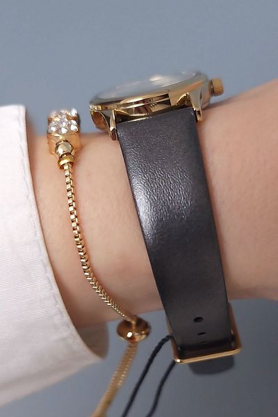 Daniel Klein Gray Leather Strap Women's Wristwatch + Bracelet Set