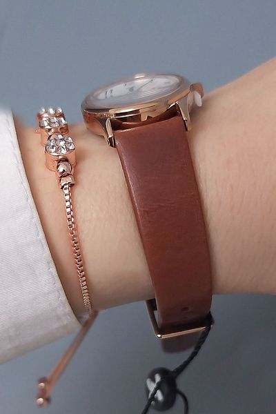 Daniel Klein Rose Gold Oval Case Brown Leather Strap Women's Wristwatch, Zircon Stone Bracelet