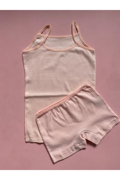LEYNA BUTİK Fitilli Kumaş Kız Çocuk 4 Adet Ip Askılı Pamuklu Atlet Ve Şort Takımı