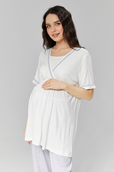 Lohussa Gray Cotton Summer Pajamas and Dressing Gown Set - 3-Piece Maternity Set