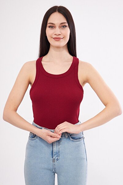 LES OUT Women's Burgundy Ribbed Lycra T-Shirt Halter Neck Knitted Undershirt